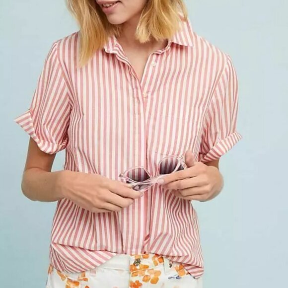 Anthropologie Striped Blouse Womens Large Red White Short Sleeve Cotton Belted - Picture 1 of 7